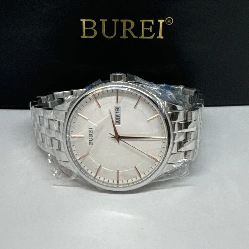 Burei S-13001M Men's Silver Stainless Steel Analog White Dial Quartz Watch JNA48